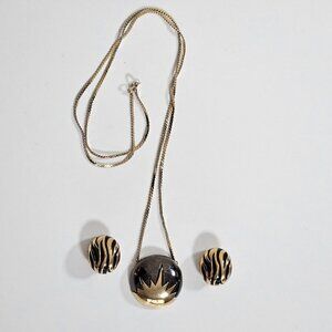 Vintage Round Pendant 30" Necklace Clip On Earrings Estate Set Enamel Retro Boho